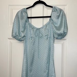 Light Blue and White Polka Dot Puff Sleeve Dress